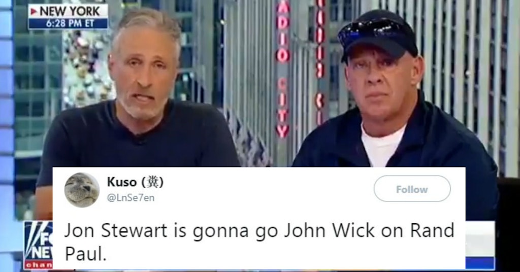 Jon Stewart with 9/11 first responder dragging Rand Paul