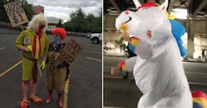 Anti-fascist protesters in Portland dressed as clowns and unicorns