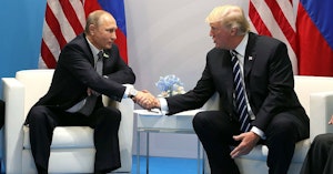 Donald Trump and Vladimir Putin shaking hands