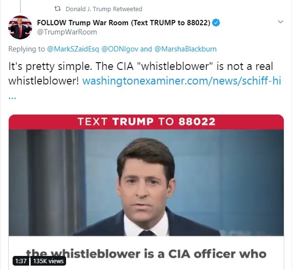 Trump War Room tweet linking to an article that allegedly names the whistleblower