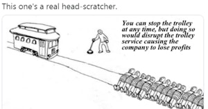 Trolley problem meme mocking corporations