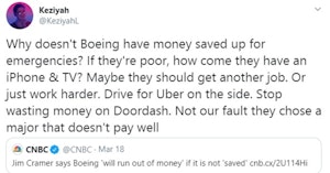 Tweet by Keziyah giving useless "advice" to Boeing