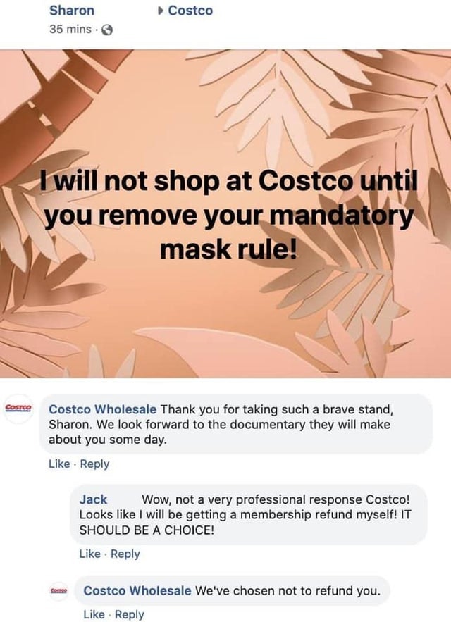 Facebook post declaring Costco boycott and troll comments