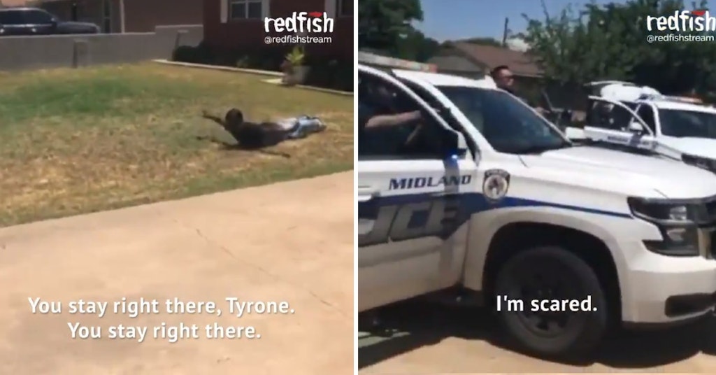 Texas cops pointing guns at black man on the ground