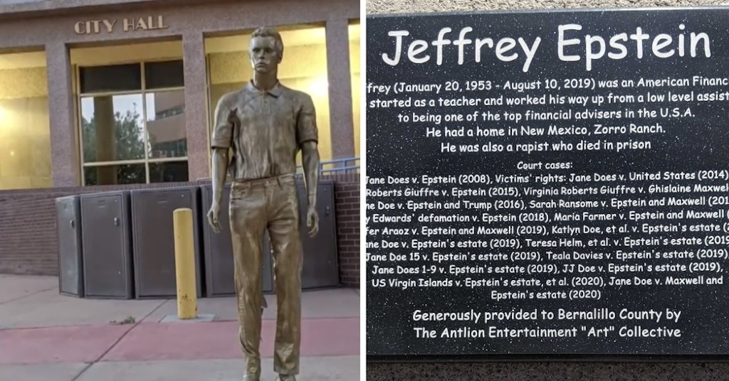Jeffrey Epstein statue and plaque
