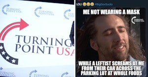 Turning Point USA logo and anti-mask meme they posted