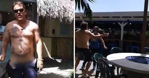 White supremacist with shorts open assaulting a bartender
