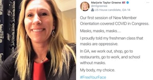Rep. Marjorie Taylor Greene and tweet saying "my body, my choice" about masks