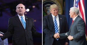 Rep. Louie Gohmert and Mike Pence shaking Donald Trump's hand