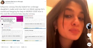 Tweet showing Claudia Conway's Morse code comments begging for help and Claudia in a TikTok video