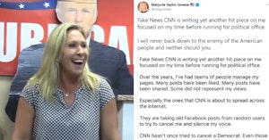 Rep. Marjorie Taylor Green in front of a Donald Trump cardboard cutout and her tweet on her support of comments calling for the execution of Democrats
