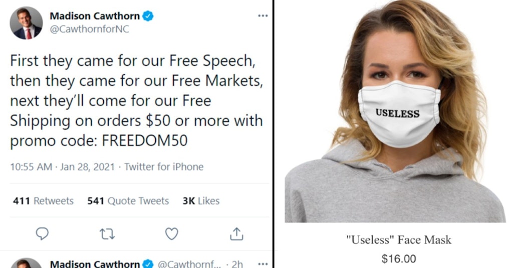 Rep. Madison Cawthorn Holocaust promo code tweet and model wearing "useless" mask