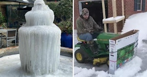 Photo of a frozen fountain and a man using a TV box tied to a riding lawnmower as a snow ploy