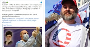Man in QAnon shirt and Telegram post promoting a theory that vaccines turn people gay
