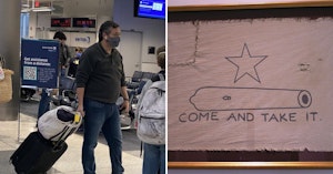 Ted Cruz at the airport on his way to Cancun and "come and take it" flag