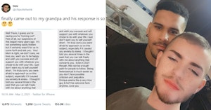 Twitter user trav and boyfriend Enrique with screenshot of grandpa's response to his coming out