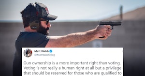 Matt Walsh pointing a gun with his tweet saying gun rights are more important than voting rights