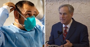 Hospital worker putting on a mask and Texas Governor Greg Abbott announcing an end to the state mask mandate