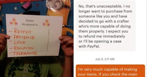 Sign about autism acceptance and text conversation between an autistic artist and customer