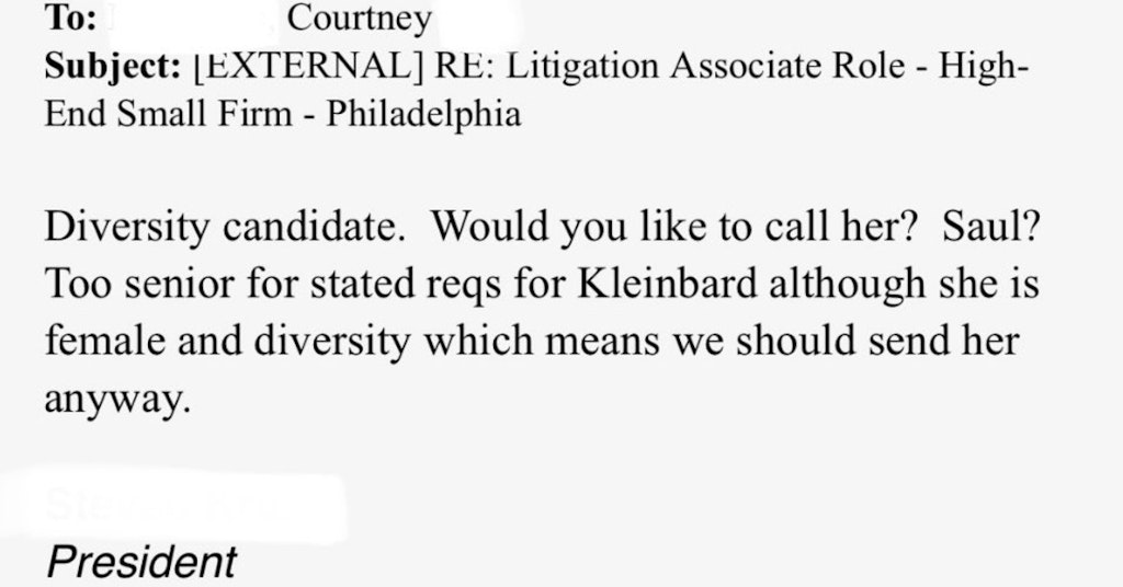 Screenshot of an email from a law recruitment firm calling a candidate "female and diversity"