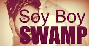 Headshot of man in a Rosie the Riveter outfit doing the arm flex pose behind the words "soy boy swamp"