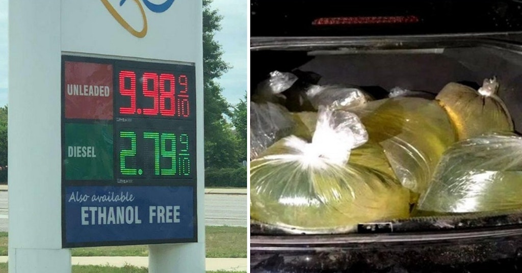 Gas station sign reading $9.98 per gallon and gasoline in plastic bags in a car trunk