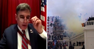 Rep. Andrew Clyde and photo of the January 6 rioters getting hit with tear gas