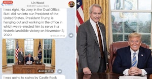 Lin Wood posing with Donald Trump in the Oval Office and Telegram messages claiming he wandered the White House looking for Biden