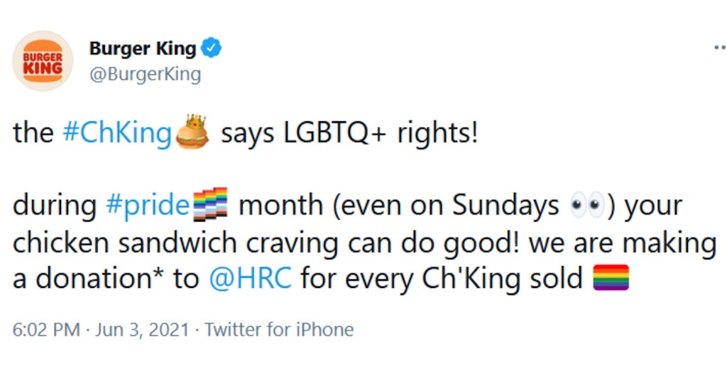 Burger King tweet announcing donations to the Human Rights Campaign