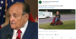 Rudy Giulini with hair dye dripping down his face and Four Seasons Total Landscaping tweet with photoshopped image of him on a riding lawnmower