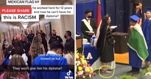TikTok video of students being escorted through the halls by police and photo of Principal Crooks violating graduation dress code with open-toed shoes