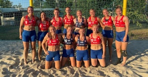 The Norwegian women's beach handball team in outfits with shorts