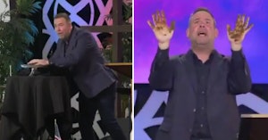 Pastor Dan Burgoyne touching dog poop and showing his poop-covered hands