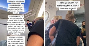 TikTok video with overlay text showing two women getting kicked off a plane