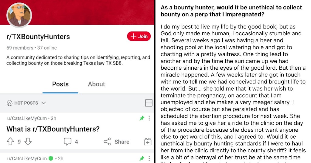 A "bounty hunters" subreddit and post on Texas' SB8 discussing how and if to turn women in