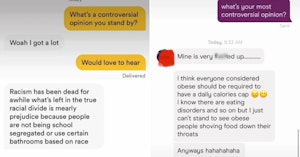Screenshots of online dating conversations showing controversial opinions