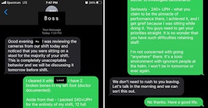 Text conversation between a worker and their boss
