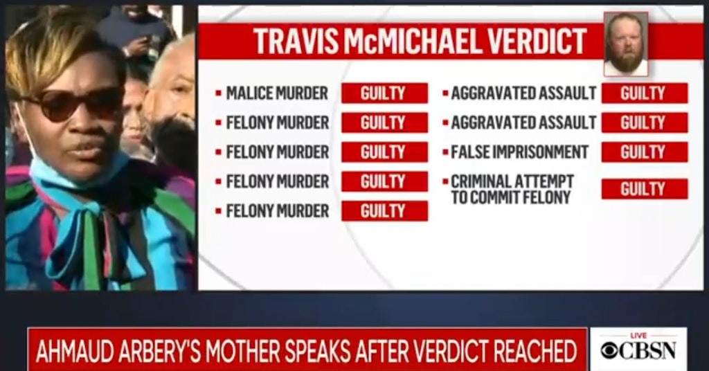 CBS News video showing Travis McMichael guilty verdicts and Ahmaud Arbery's mother speaking
