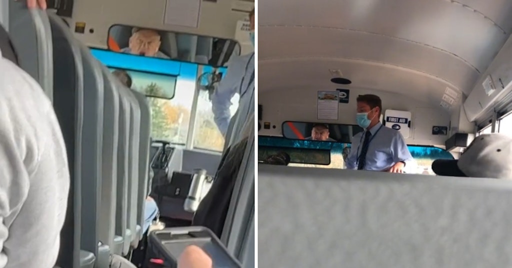 Video on a school bus showing an enraged bus driver and masked administrator