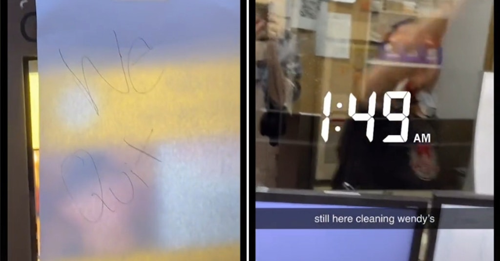 TikTok video showing a "we quit" sign on the drive-thru box and workers cleaning the restaurant at nearly 2 am