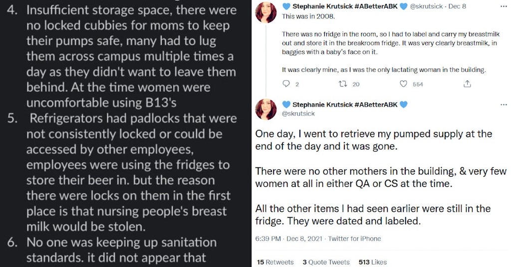 Listed complaints and tweets claiming breast milk theft occurred in Activision Blizzard offices