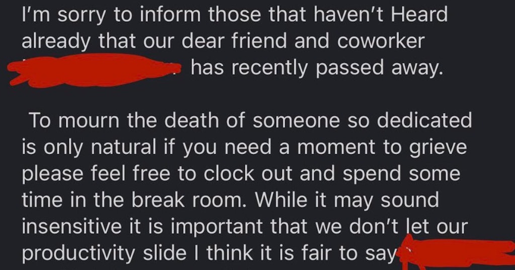 Screenshot of company email about an employee's death and when coworkers are allowed to grieve