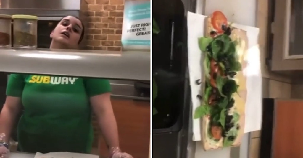 Subway worker looking exhaughsted behind the counter and shot of an open sandwich