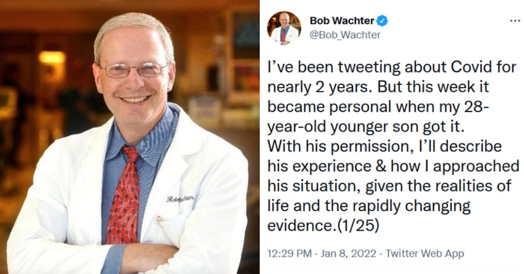 Dr. Bob Wachter's Twitter profile photo and tweet starting a thread on his son's experience with COVID-19