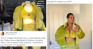 Plus-sized mannequin in a green fitness outfit with tweet calling it "dangerous" and "fabby" and photo of a woman looking amazing in the outfit