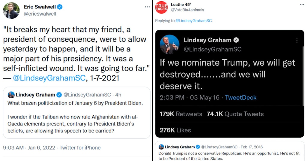 Tweets showing Lindsey Graham quotes attacking Trump