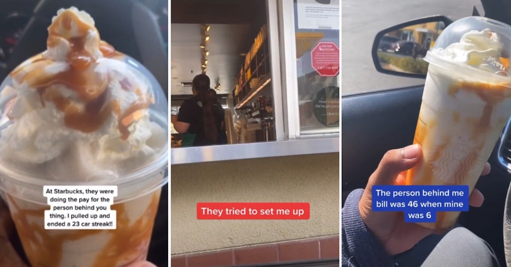 TikTok video of a Starbucks drive-thru discussing the "pay it foward" system