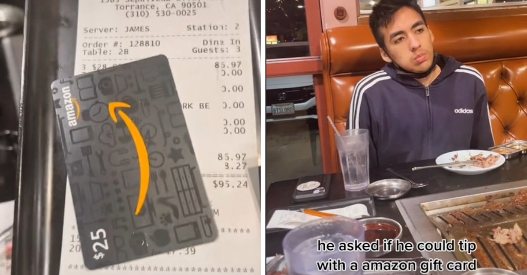 A $25 Amazon gift card on top of a restaurant bill and young man sitting at a booth