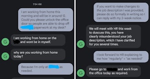 Text conversation between a fed-up employee and boss
