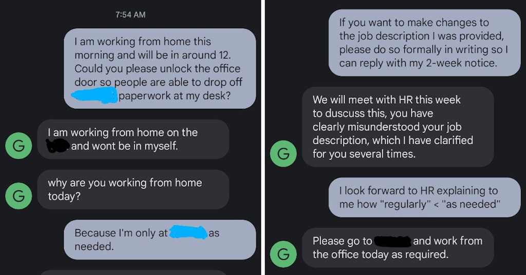 Text conversation between a fed-up employee and boss